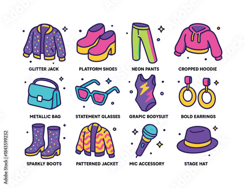 Pop Star Icon Set. Pop star outfits. Colorful isometric vector i