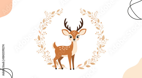 Delicate circular floral frame surrounds a cheerful illustrated deer standing proudly with soft peach tones and botanical detail.