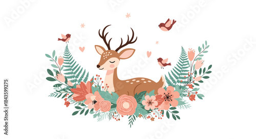 Delicate deer stands among a lush floral arch with pink flowers green ferns and cheerful birds in a whimsical woodland scene.