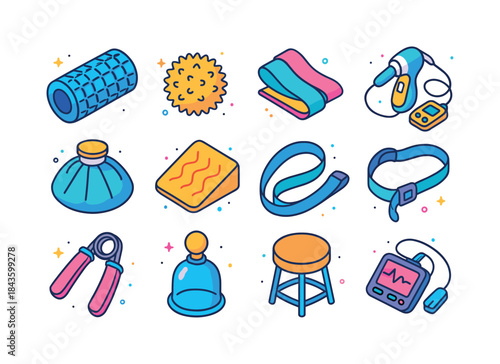 Colorful Physiotherapy Tools. Physiotherapy tools. Colorful isom