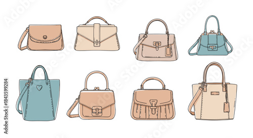 Collection of stylish pastel handbags arranged in two rows showcasing diverse shapes textures and details including buckles stitching hardware and color tones.