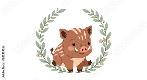 Whimsical brown piglet sits inside a green leafy wreath with pastel flowers and a friendly playful expression perfect for nursery art and childrens decor.