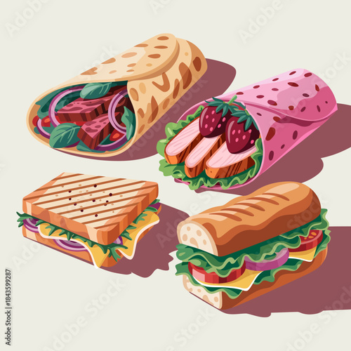 This colorful illustration features a delightful assortment of wrapped sandwiches and rolls, showcasing different fillings and styles, perfect for food lovers and culinary inspiration.