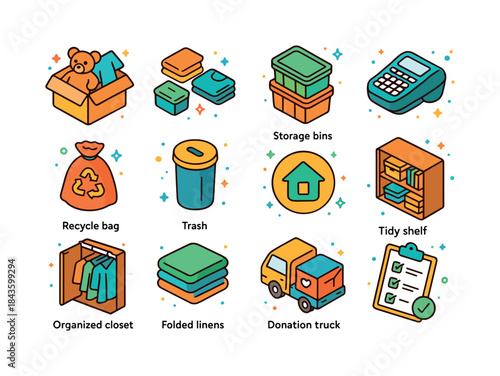 Colorful Decluttering Icons. Home decluttering. Colorful isometr