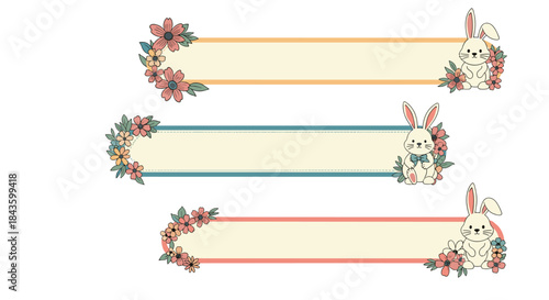 Pastel banners with floral borders and playful bunnies decorate three stripes for spring themed crafts and festive displays.