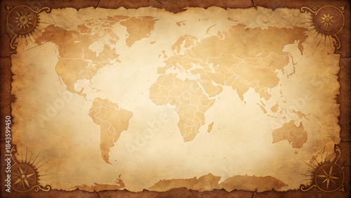 Tableau sur toile Vintage world map on old parchment paper with compass roses, perfect for adventu