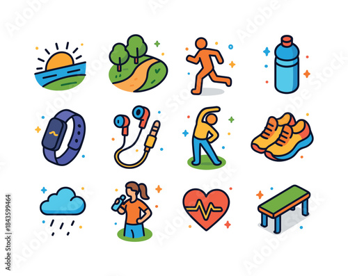 Morning Jog Icons. Morning jog. Colorful isometric vector icons