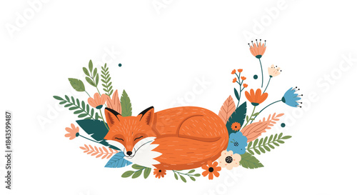 Sleepy fox rests serenely among vibrant flowers and leafy foliage in a whimsical woodland scene full of soft colors and gentle natural charm.