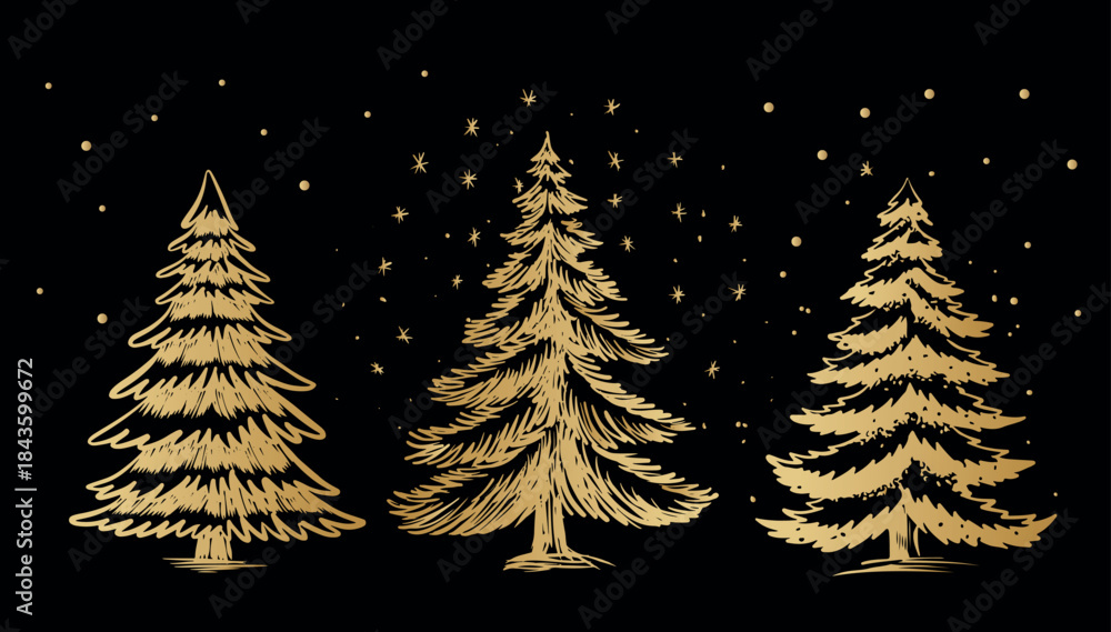 Obraz premium Gold Christmas tree set on black, hand drawn illustration