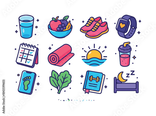 Healthy Habits Icons. Healthy habits. Colorful isometric vector