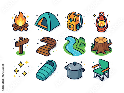 Forest Camping Icons. Forest camping trail. Colorful isometric v