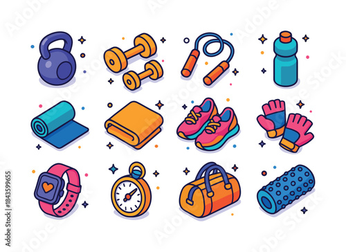 HIIT Gear Icons. HIIT gear. Colorful isometric vector icons set