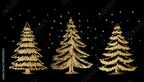 Gold Christmas tree set on black, hand drawn illustration