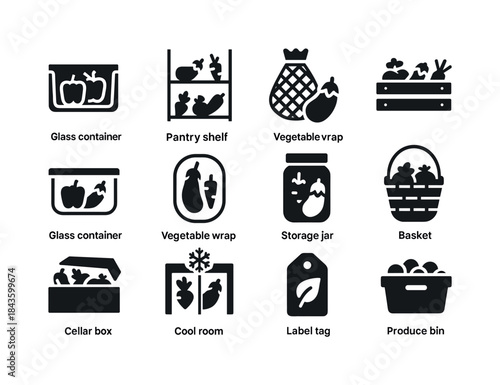 Vegetable Storage Icons. Vegetable storage. Solid icon set of ve