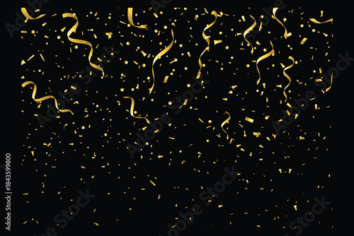 Golden confetti falling streamers celebration party event anniversary luxury festive background design element vector graphic