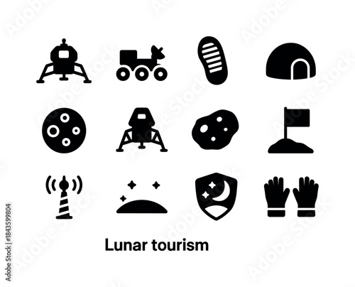 Lunar Tourism Icons. Lunar tourism. Solid icon set of Lunar tour