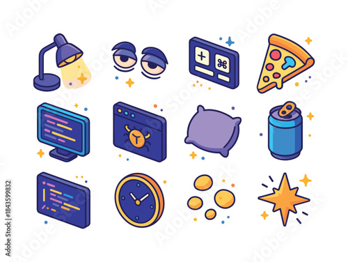 Late-Night Coding Icons. late-night coding. Colorful isometric v