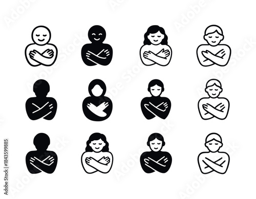 Self-Love Icon Set. A person hugging themselves, practicing self