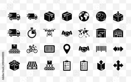 Collection of black and white icons representing logistics shipping and delivery services