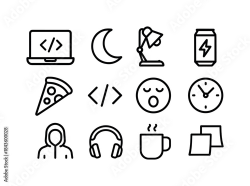 Late-Night Coding Icons. Late-Night Coding. Line icon set of Lat