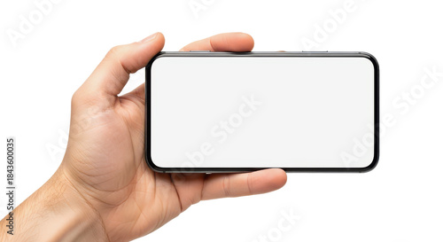 Hand holding modern smartphone mockup horizontally with blank white screen isolated on white