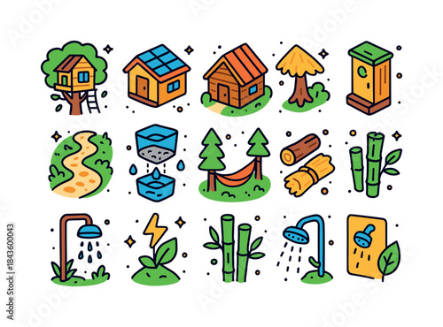 Eco Lodging Icons Set. Eco Lodging. Colorful isometric vector ic