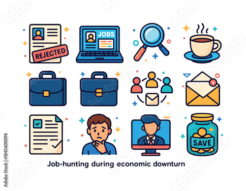 Job Hunt Icons. Job hunting during an economic downturn. Colorfu