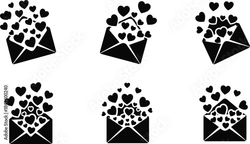 Collection of black and white icons representing envelopes overflowing with hearts, symbolizing love and affection