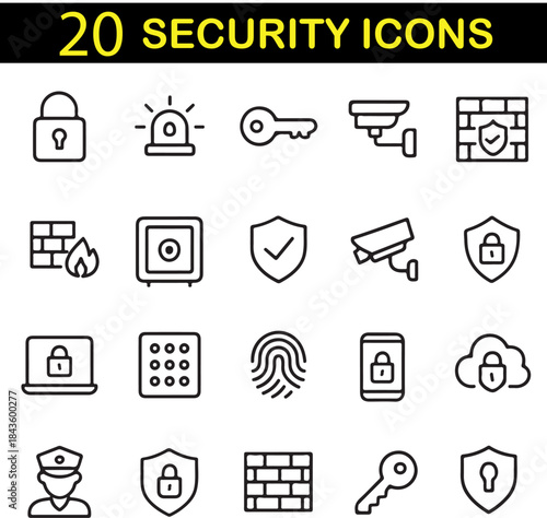 Digital and Physical Security Icons Vector Set Featuring Protection Systems, Safety Measures, Surveillance Elements and Access Control Concepts