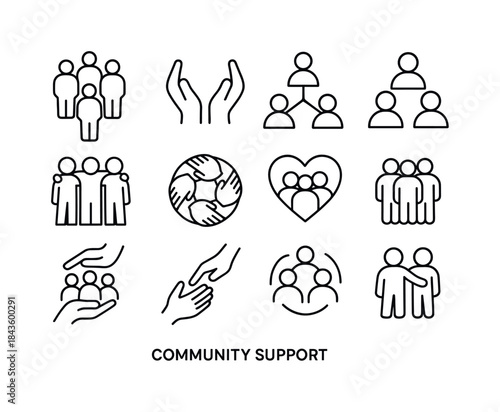 Community Support Icons. Community Support. Line icon set of Com