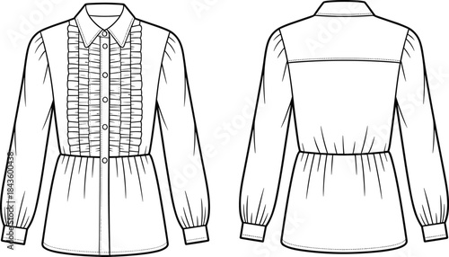 Women's Peplum Blouse with Front Ruffle Detail and Long Sleeves Fashion Flat Technical Drawing Vector Sketch Template for Apparel Designt