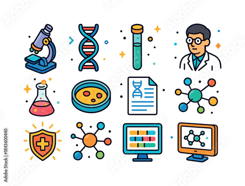 Medical Research Icons. Medical research and discoveries. Colorf
