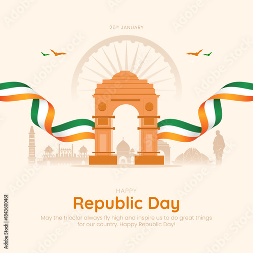 Happy republic day with India Gate  Dual Tricolor Flags 26 January Republic Day vector Illustration background.