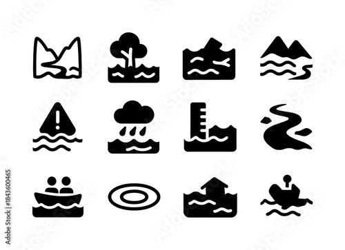 Flood Icons Collection. Flooded Valley. Solid icon set of Floode