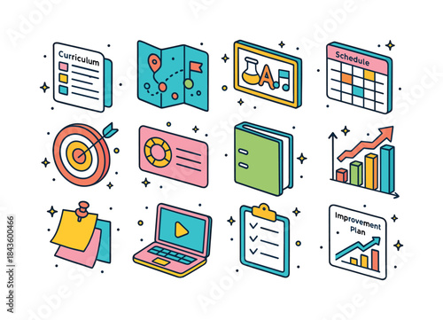 Colorful Education Icons. education planning. Colorful isometric