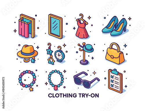 Colorful Clothing Icons Set. Clothing Try-On. Colorful isometric
