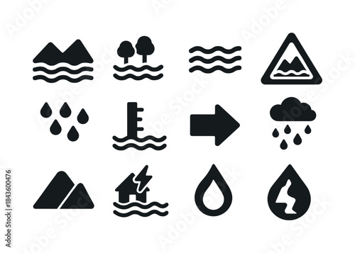 Flooded Valley Icons. Flooded valley. Solid icon set of flooded