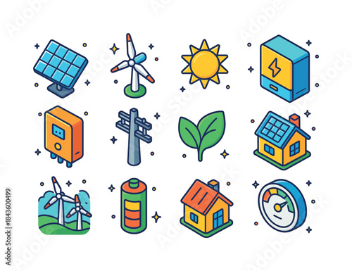 Renewable Energy Icons. Renewable energy sources (solar, wind).