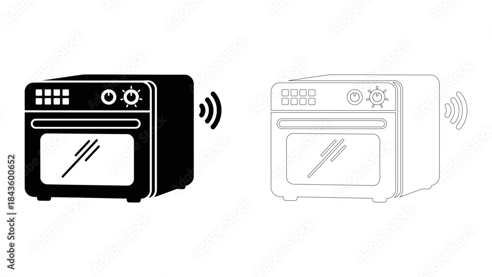 Fototapeta premium Two illustrations of a smart oven, one solid black icon and one line art outline, indicating modern kitchen appliance te