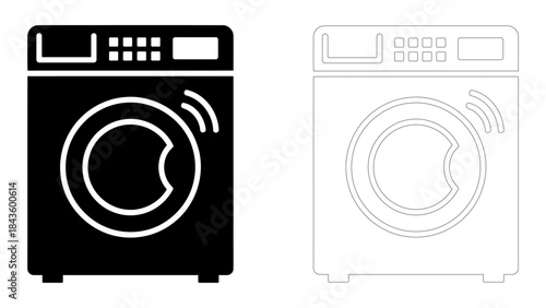 Front loading washing machine silhouette and outline icons, modern appliance for domestic laundry, isolated on white bac