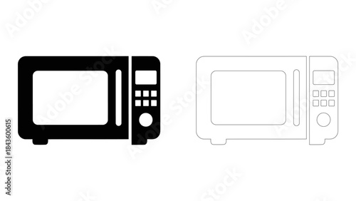 Microwave oven icon, silhouette and outline, for fast food heating and cooking appliance, isolated on white background,