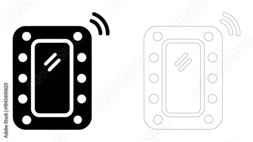 Smart mirror with lights icon and illustration, illuminated mirror with intelligent controls, graphic design element for