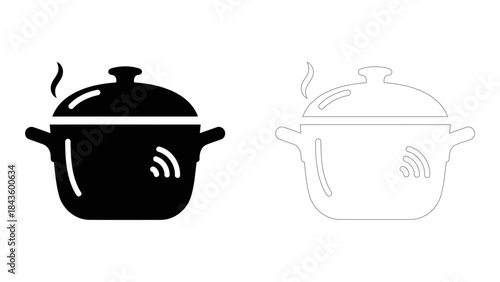 Smart rice cooker, icon set. black and outline illustration of a cooking pot with steam, symbolizing intelligent kitchen