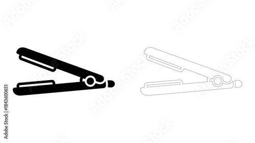 Two hair straighteners, one solid black and one outline illustration, on a white background. beauty and styling tool.