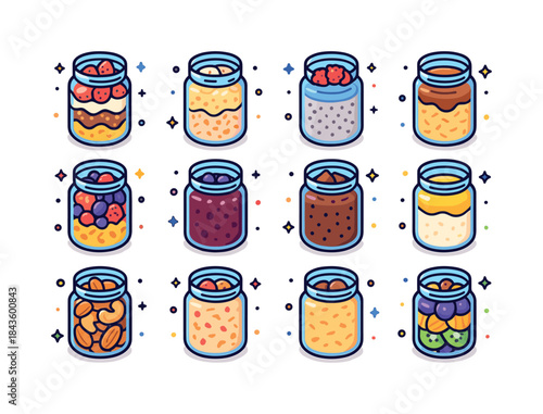 Colorful Breakfast Jars. Breakfast jars. Colorful isometric vect
