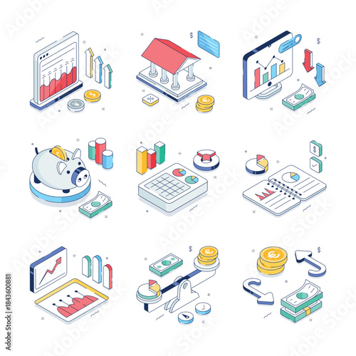 Have a look at this creative isometric illustrations set of financial analysis and investment