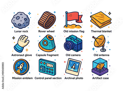 Space Relics Icons. Space relics. Colorful isometric vector icon
