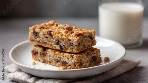 Stacked oat bars with milk and crumbs on a textured napkin a delicious and healthy breakfast