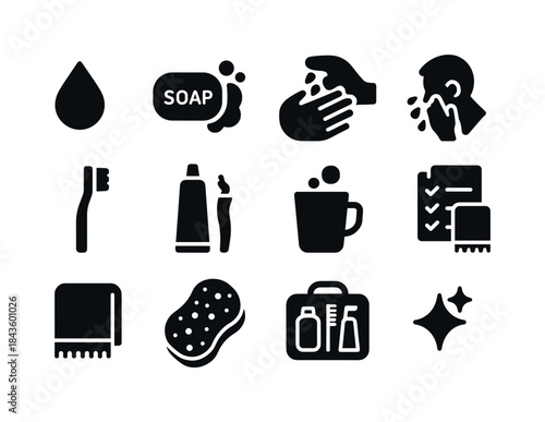 Hygiene Icons Grid. Daily hygiene. Solid icon set of daily hygie