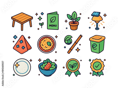 Eco Restaurant Icons. Eco restaurant. Colorful isometric vector